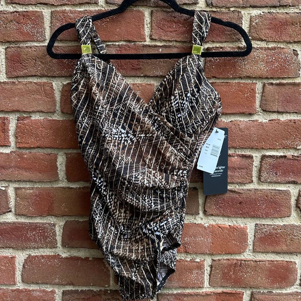 Miraclesuit $178 Brown Tribal Print One Piece Swimsuit Tummy Control Size 8 NWT